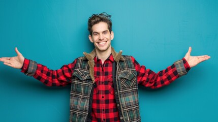 A man in a plaid jacket is smiling and holding his arms out to the side - Powered by Adobe