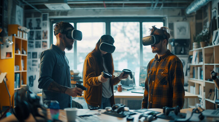 A team of developers testing, wearing  headsets and using motion controllers, in a creative studio filled