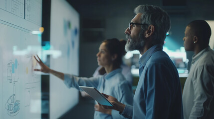 people in the office, A team of diverse professionals working together in a modern conference room, using digital whiteboards and collaborative tools to brainstorm ideas and strategizer