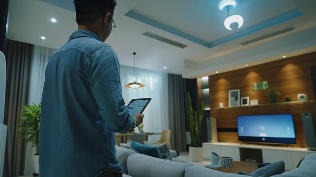 A smart home devices,such as security cameras and ,in a modern living room, using a tablet to configure the system