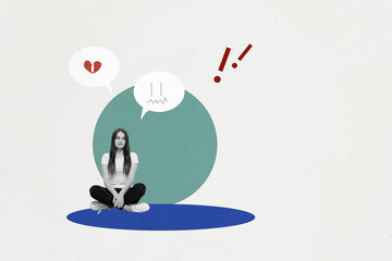 Creative collage image young sitting girl depression divorce heartbreak parts exclamation mark unhappy relationship problems