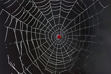 Obraz premium Ethereal Spider Web with Red Gemstone Eye on Black Background