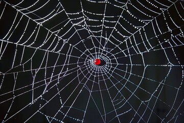 Obraz premium Ethereal Spider Web with Red Gemstone Eye on Black Background