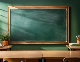 blank classic green chalkboard in a school classroom with subtle chalk dust, focusing on the timeless and serene learning environment
