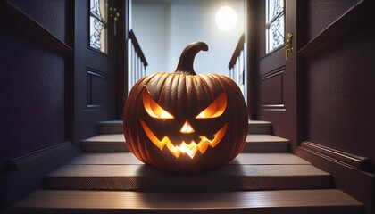 Ein Kürbis steht auf der Treppe vor der Tür zu Halloween
