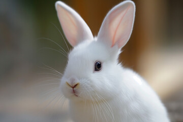 Fototapeta premium Fluffy White Bunny with Pink Ears: Adorable Animal Portrait