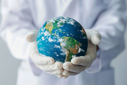 Medical Professional Holding Earth Model: Global Health and Scientific Collaboration