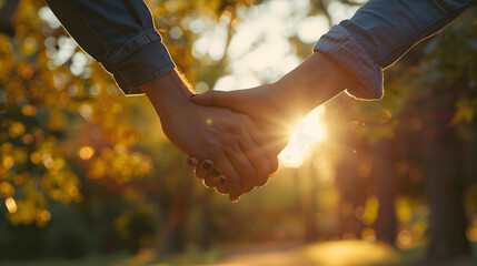 Close-up of couple holding hands with fingers intertwined in sunlit park