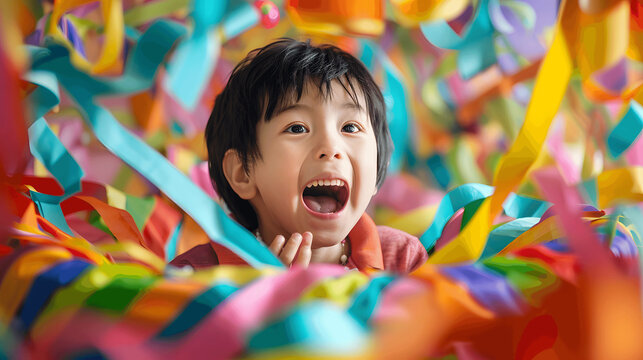 Child with thrilled expression opening gift surrounded by wrapping paper