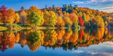 Autumn landscape with vibrant trees reflected in serene lake, autumn, landscape, lake, trees, foliage, colorful