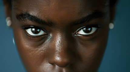 Close-up of woman with intense focus and narrowed eyes