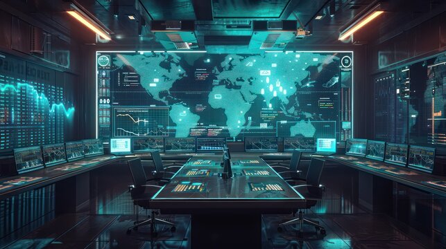 futuristic budget control room where financial analysts monitor and adjust a global network of budgets displayed as a digital world map