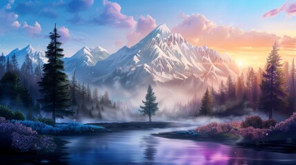 Magical scene of a dense forest, sparkling river, colorful meadow, and dramatic mountains, all bathed in a soft, enchanting mist