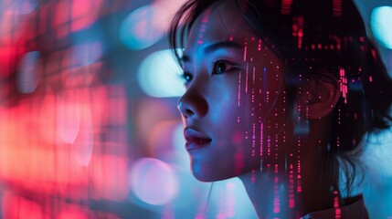 Digitalized human face overlaid with cybernetic patterns implying concepts of identity in the digital age