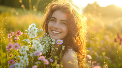 Gorgeous woman with beaming smile holding bouquet of wildflowers in sunlit meadow