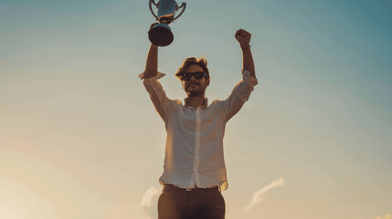 Man with look of accomplishment holding trophy on podium with clear sky