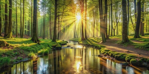 Obraz premium Beautiful forest panorama with a brook and bright sun shining through the trees, nature, landscape, trees, sunlight, serene