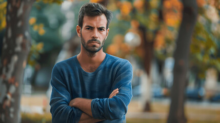 Obraz premium Man with expression of contempt crossing arms and looking away outdoors