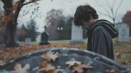 Teenager with grieving expression standing by gravestone under overcast sky
