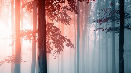 Panoramic view of a magical misty forest at dawn, ethereal light filtering through dense trees, a serene and mystical atmosphere with vibrant foliage