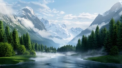 Magical scene of a dense forest, sparkling river, colorful meadow, and dramatic mountains, all bathed in a soft, enchanting mist