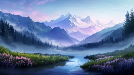 Captivating landscape with a dense forest, serene river, wildflower meadow, rolling hills, and towering mountains, all immersed in a mystical mist