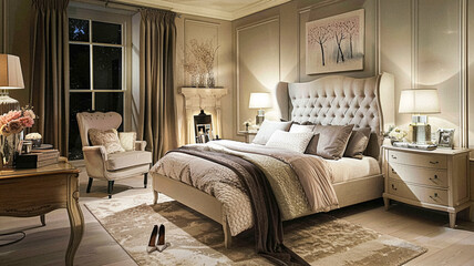 Bedroom decor, interior design and home decor, bed with elegant bedding and bespoke furniture, English country house, holiday rental and cottage style inspiration