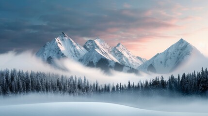 Serene mountain landscape, pristine peaks covered in snow, quiet valley below, mystical mist weaving through the trees, enchanted twilight sky