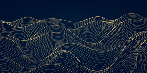 Vector wave japanese background, line sea, ocean gold on blue pattern. Flow water curve graphic, luxury asian water illustration. © marylia17