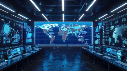 futuristic budget control room where financial analysts monitor and adjust a global network of budgets displayed as a digital world map
