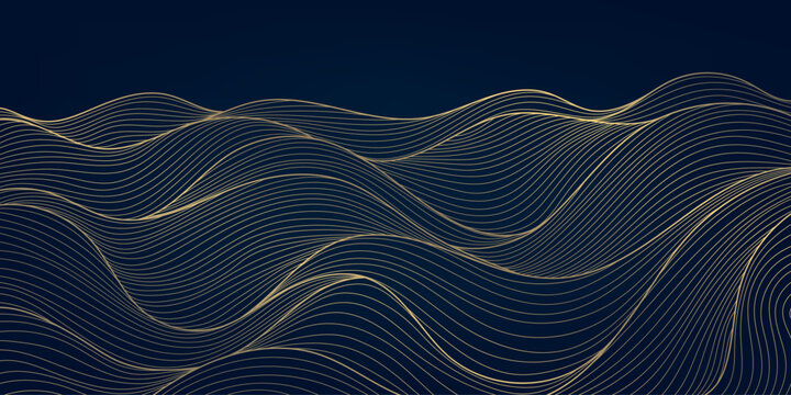Vector wave japanese background, line sea, ocean gold on blue pattern. Flow water curve graphic, luxury asian water illustration.