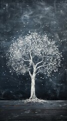 A white chalk drawing in a tree design on a blackboard backdrop with copy space image
