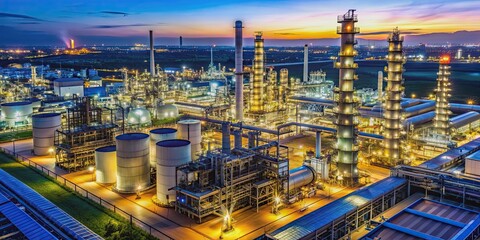 Obraz premium Aerial view of an industrial refinery with chemical processing towers and pipelines at night , industrial