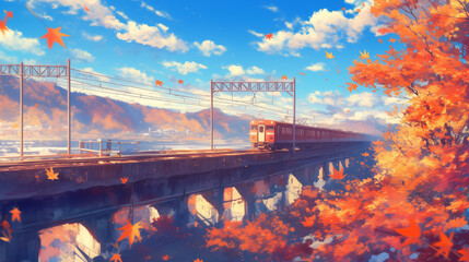 Obraz premium 秋の美しい風景と赤い列車 - 鮮やかな紅葉と青空の中を走る鉄道