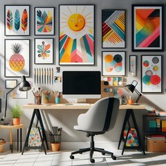 minimalist desk design with colorful paintings