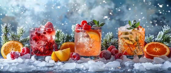 Fototapeta premium Seasonal cocktail recipes for refreshing summer drinks and cozy winter beverages, showcasing seasonal flavors in a festive and flavorful style