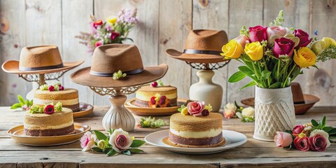 Whimsical dessert setup with cowboy hats and florals , western, whimsical, dessert, party, celebration, decorations