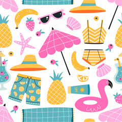 Seamless pattern with drawn summer beach elements and fruits.