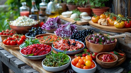 Fototapeta premium Crystal-clear shot of a vibrant Mediterranean mezze spread, various dishes, rustic table, 