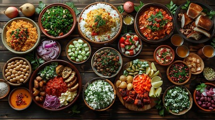 Crystal-clear shot of a vibrant Mediterranean mezze spread, various dishes, rustic table, 