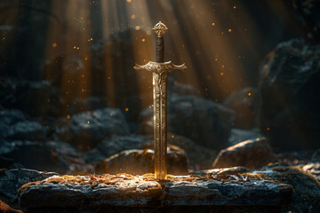 A gleaming sword resting on a stone pedestal, bathed in soft light, evoking a sense of ancient power and craftsmanship. Suitable for historical and fantasy themes.