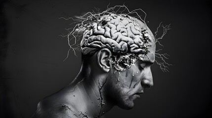 Surreal Photographic Portrayal of Mental Burnout and Anguish Depicted Through an Unraveling Brain Within a Male Head Evoking a Disorienting and Unsettling Surrealist Aesthetic