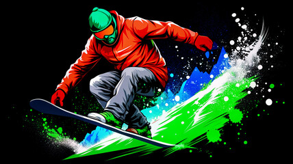 Snowboarder Carving Down Mountain in Graffiti Style