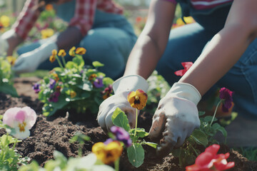 Fototapeta premium Hands Planting Colorful Flowers in Garden with Gloves for Spring Gardening
