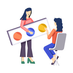 Flat style illustration of makeup expert showing eyeshadow palette 

