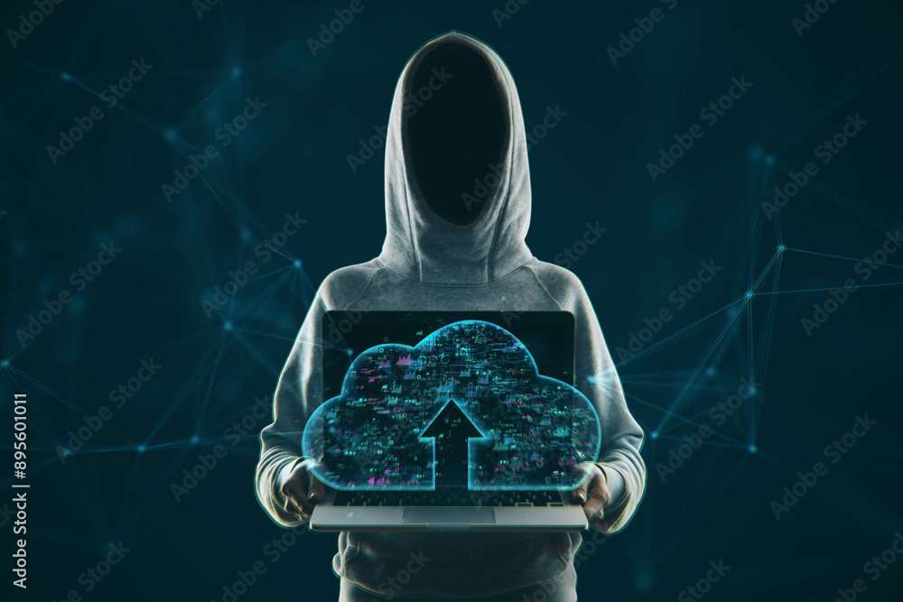 Poster Hacker in hoodie holding polygonal cloud icon on laptop screen on dark background. Cloud computing and hacking concept.