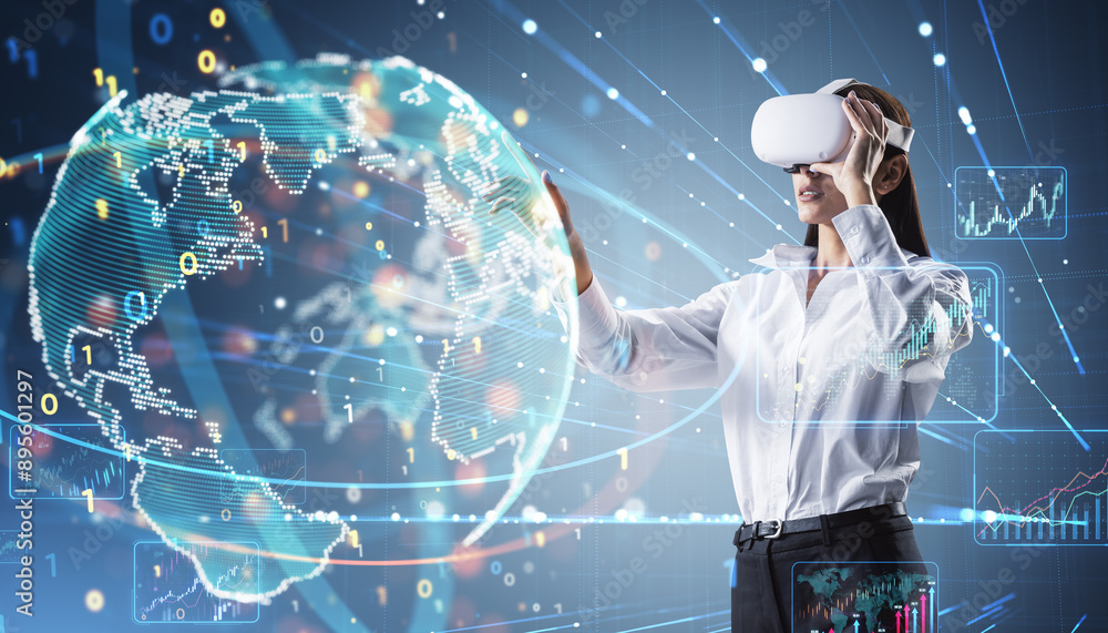 Poster Attractive young woman with VR glasses using creative binary coding globe interface on blurry background. World map, virtual reality and global business technologies concept. Double exposure.