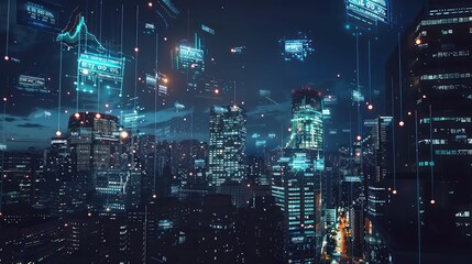 futuristic cityscape at night with digital projections of stock market indices and financial news floating in the air