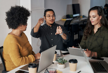 Business people, meeting and planning with tech in office for programming, internship and advice....