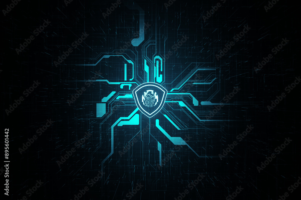 Aufkleber Creative glowing digital shield with fingerprint on dark circuit backdrop with empty mock up place. Digital safety, secure and protection concept. 3D Rendering.